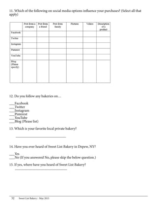 Sweet List Bakery May 201552
11. Which of the following on social media options influence your purchases? (Select all that
apply)
12. Do you follow any bakeries on…
___Facebook
___Twitter
___Instagram
___Pinterest
___YouTube
___Blog (Please list)
13. Which is your favorite local private bakery?
____________________________
14. Have you ever heard of Sweet List Bakery in Depew, NY?
___Yes
___No (If you answered No, please skip the below question.)
15. If yes, where have you heard of Sweet List Bakery?
_____________________________
 