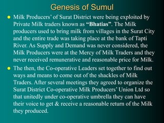 Genesis of Sumul
 Milk Producers’ of Surat District were being exploited by
Private Milk traders known as “Bhatias”. The Milk
producers used to bring milk from villages in the Surat City
and the entire trade was taking place at the bank of Tapti
River. As Supply and Demand was never considered, the
Milk Producers were at the Mercy of Milk Traders and they
never received remunerative and reasonable price for Milk.
 The then, the Co-operative Leaders set together to find out
ways and means to come out of the shackles of Milk
Traders. After several meetings they agreed to organize the
Surat District Co-operative Milk Producers’ Union Ltd so
that unitedly under co-operative umbrella they can have
their voice to get & receive a reasonable return of the Milk
they produced.
 