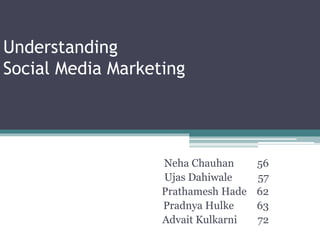 Understanding
Social Media Marketing
Neha Chauhan 56
Ujas Dahiwale 57
Prathamesh Hade 62
Pradnya Hulke 63
Advait Kulkarni 72
 