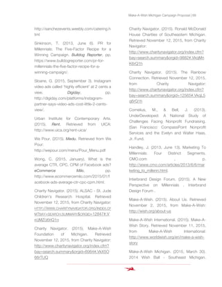 Make-A-Wish Michigan Campaign Proposal | 68
http://sanchezevents.weebly.com/catering.h
tml
Sinkinson, T. (2013, June 6). PR for
Millennials: The Five-Factor Recipe for a
Winning Campaign. Bulldog Reporter, pp.
https://www.bulldogreporter.com/pr-for-
millennials-the-five-factor-recipe-for-a-
winning-campaign/.
Sloane, G. (2015, September 3). Instagram
video ads called 'highly efficient' at 2 cents a
view. Digiday, pp.
http://digiday.com/platforms/instagram-
partner-says-video-ads-cost-little-2-cents-
view/.
Urban Institute for Contemporary Arts.
(2015). Rent. Retrieved from UICA:
http://www.uica.org/rent-uica/
We Pour. (2015). Medu. Retrieved from We
Pour:
http://wepour.com/menu/Pour_Menu.pdf
Wong, C. (2015, January). What is the
average CTR, CPC, CPM of Facebook ads?
eCommerce Milo, pp.
http://www.ecommercemilo.com/2015/01/f
acebook-ads-average-ctr-cpc-cpm.html.
Charity Navigator. (2015). ALSAC - St. Jude
Children's Research Hospital. Retrieved
November 12, 2015, from Charity Navigator:
HTTP://WWW.CHARITYNAVIGATOR.ORG/INDEX.CF
M?BAY=SEARCH.SUMMARY&ORGID=12847#.V
KQMZQ6RQ1H
Charity Navigator. (2015). Make-A-Wish
Foundation of Michigan. Retrieved
November 12, 2015, from Charity Navigator:
http://www.charitynavigator.org/index.cfm?
bay=search.summary&orgid=6984#.VkX5O
66rTUQ
Charity Navigator. (2015). Ronald McDonald
House Charities of Southeastern Michigan.
Retrieved November 12, 2015, from Charity
Navigator:
http://www.charitynavigator.org/index.cfm?
bay=search.summary&orgid=9882#.VkqMn
K6rQ1h
Charity Navigator. (2015). The Rainbow
Connection. Retrieved November 12, 2015,
from Charity Navigator:
http://www.charitynavigator.org/index.cfm?
bay=search.summary&orgid=12565#.VkqL5
q6rQ1h
Cornelius, M., & Bell, J. (2013).
UnderDeveloped: A National Study of
Challenges Facing Nonprofit Fundraising.
(San Francisco: CompassPoint Nonprofit
Services and the Evelyn and Walter Haas,
Jr. Fund.
Handley, J. (2013, June 13). Marketing To
Millennials: Four Distinct Segments.
CMO.com , p.
http://www.cmo.com/articles/2013/6/6/mar
keting_to_millenn.html.
Interbrand Design Forum. (2015). A New
Perspective on Millennials . Interbrand
Design Forum .
Make-A-Wish. (2015). About Us. Retrieved
November 2, 2015, from Make-A-Wish:
http://wish.org/about-us
Make-A-Wish International. (2015). Make-A-
Wish Story. Retrieved November 11, 2015,
from Make-A-Wish International:
http://www.worldwish.org/en/make-a-wish-
story
Make-A-Wish Michigan. (2015, March 30).
2014 Wish Ball - Southeast Michigan.
 