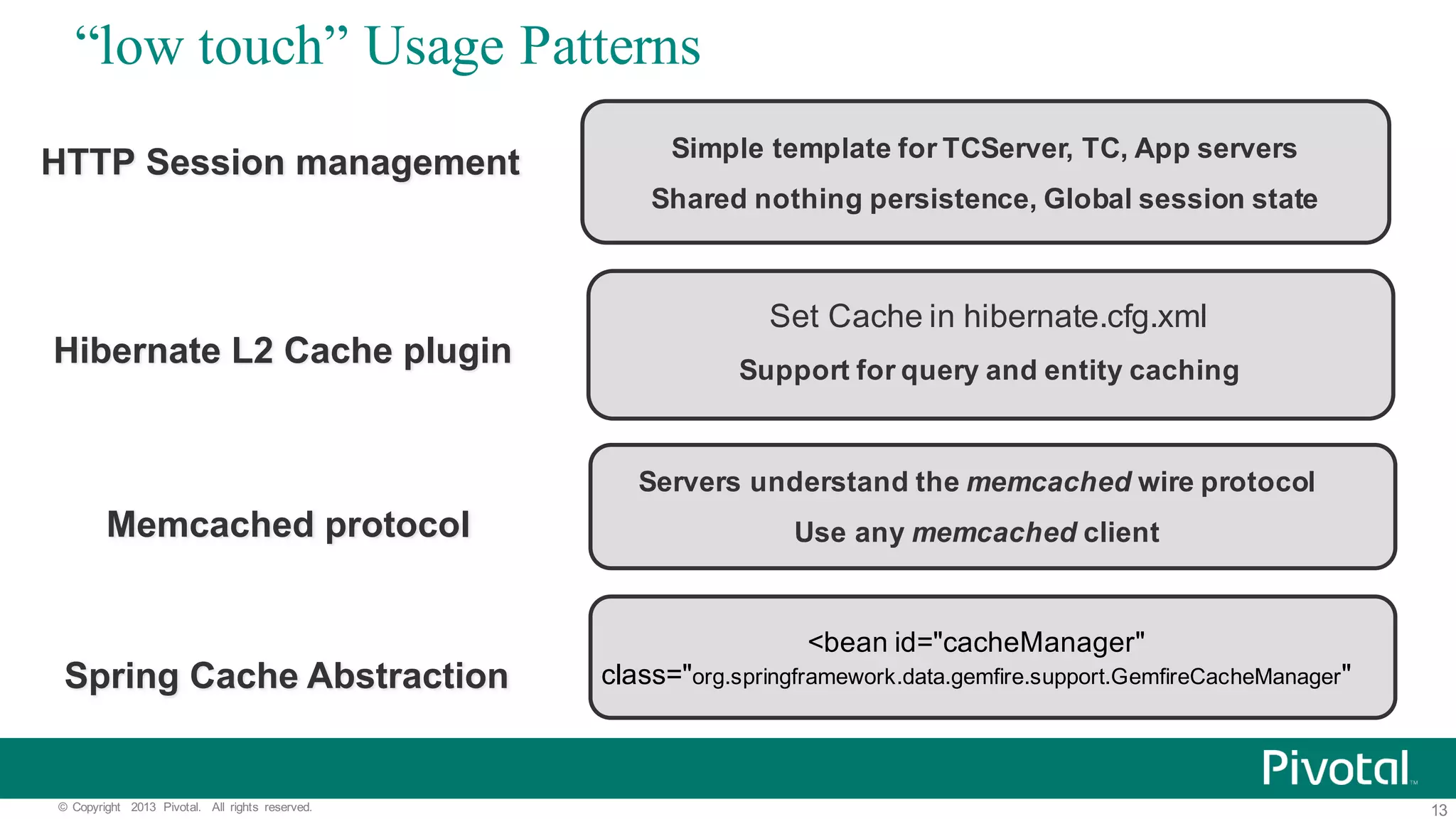 13©   Copyright   2013   Pivotal.   All   rights   reserved. “low touch” Usage Patterns Simple  template  for  TCServer,  TC,  App  servers Shared  nothing  persistence,  Global  session  state HTTP  Session  management Set  Cache  in  hibernate.cfg.xml Support  for  query  and  entity  caching Hibernate  L2  Cache  plugin Servers  understand  the  memcached wire  protocol Use  any  memcached clientMemcached protocol <bean  id="cacheManager"   class="org.springframework.data.gemfire.support.GemfireCacheManager"Spring  Cache  Abstraction 