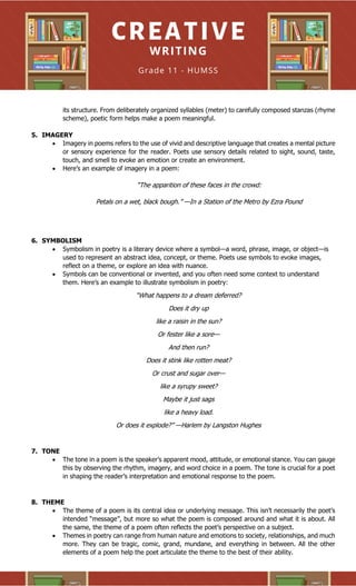 its structure. From deliberately organized syllables (meter) to carefully composed stanzas (rhyme
scheme), poetic form helps make a poem meaningful.
5. IMAGERY
• Imagery in poems refers to the use of vivid and descriptive language that creates a mental picture
or sensory experience for the reader. Poets use sensory details related to sight, sound, taste,
touch, and smell to evoke an emotion or create an environment.
• Here’s an example of imagery in a poem:
“The apparition of these faces in the crowd:
Petals on a wet, black bough.” —In a Station of the Metro by Ezra Pound
6. SYMBOLISM
• Symbolism in poetry is a literary device where a symbol—a word, phrase, image, or object—is
used to represent an abstract idea, concept, or theme. Poets use symbols to evoke images,
reflect on a theme, or explore an idea with nuance.
• Symbols can be conventional or invented, and you often need some context to understand
them. Here’s an example to illustrate symbolism in poetry:
“What happens to a dream deferred?
Does it dry up
like a raisin in the sun?
Or fester like a sore—
And then run?
Does it stink like rotten meat?
Or crust and sugar over—
like a syrupy sweet?
Maybe it just sags
like a heavy load.
Or does it explode?” —Harlem by Langston Hughes
7. TONE
• The tone in a poem is the speaker’s apparent mood, attitude, or emotional stance. You can gauge
this by observing the rhythm, imagery, and word choice in a poem. The tone is crucial for a poet
in shaping the reader’s interpretation and emotional response to the poem.
8. THEME
• The theme of a poem is its central idea or underlying message. This isn’t necessarily the poet’s
intended “message”, but more so what the poem is composed around and what it is about. All
the same, the theme of a poem often reflects the poet’s perspective on a subject.
• Themes in poetry can range from human nature and emotions to society, relationships, and much
more. They can be tragic, comic, grand, mundane, and everything in between. All the other
elements of a poem help the poet articulate the theme to the best of their ability.
 