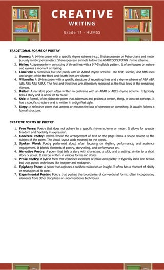 TRADITIONAL FORMS OF POETRY
1. Sonnet: A 14-line poem with a specific rhyme scheme (e.g., Shakespearean or Petrarchan) and meter
(usually iambic pentameter). Shakespearean sonnets follow the ABABCDCDEFEFGG rhyme scheme.
2. Haiku: A Japanese form consisting of three lines with a 5-7-5 syllable pattern. It often focuses on nature
and evokes a moment or feeling.
3. Limerick: A humorous five-line poem with an AABBA rhyme scheme. The first, second, and fifth lines
are longer, while the third and fourth lines are shorter.
4. Villanelle: A 19-line poem with a specific structure of repeating lines and a rhyme scheme of ABA ABA
ABA ABA ABA ABAA. The first and third lines are alternately repeated as the final lines of the remaining
stanzas.
5. Ballad: A narrative poem often written in quatrains with an ABAB or ABCB rhyme scheme. It typically
tells a story and is often set to music.
6. Ode: A formal, often elaborate poem that addresses and praises a person, thing, or abstract concept. It
has a specific structure and is written in a dignified style.
7. Elegy: A reflective poem that laments or mourns the loss of someone or something. It usually follows a
formal structure.
CREATIVE FORMS OF POETRY
1. Free Verse: Poetry that does not adhere to a specific rhyme scheme or meter. It allows for greater
freedom and flexibility in expression.
2. Concrete Poetry: Poems where the arrangement of text on the page forms a shape related to the
subject of the poem. The visual layout adds meaning to the words.
3. Spoken Word: Poetry performed aloud, often focusing on rhythm, performance, and audience
engagement. It blends elements of poetry, storytelling, and performance art.
4. Narrative Poetry: A poem that tells a story with characters, a plot, and a setting, similar to a short
story or novel. It can be written in various forms and styles.
5. Prose Poetry: A hybrid form that combines elements of prose and poetry. It typically lacks line breaks
but uses poetic techniques like imagery and metaphor.
6. Epiphany Poem: A poem that captures a sudden realization or insight. It often has a moment of clarity
or revelation at its core.
7. Experimental Poetry: Poetry that pushes the boundaries of conventional forms, often incorporating
elements from other disciplines or unconventional techniques.
 