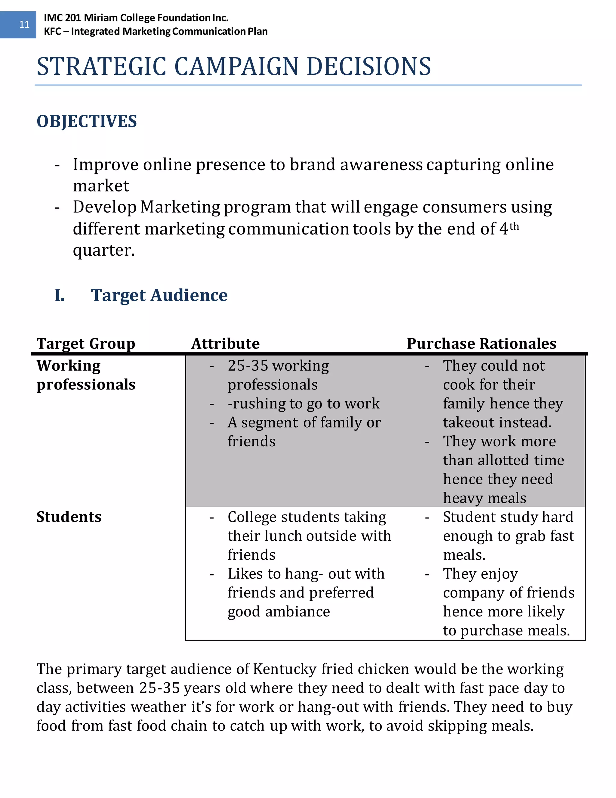 11 
IMC 201 Miriam College Foundation Inc. 
KFC – Integrated Marketing Communication Plan 
STRATEGIC CAMPAIGN DECISIONS 
OBJECTIVES 
- Improve online presence to brand awareness capturing online 
market 
- Develop Marketing program that will engage consumers using 
different marketing communication tools by the end of 4th 
quarter. 
I. Target Audience 
Target Group Attribute Purchase Rationales 
Working 
- 25-35 working 
professionals 
professionals 
- -rushing to go to work 
- A segment of family or 
friends 
- They could not 
cook for their 
family hence they 
takeout instead. 
- They work more 
than allotted time 
hence they need 
heavy meals 
Students - College students taking 
their lunch outside with 
friends 
- Likes to hang- out with 
friends and preferred 
good ambiance 
- Student study hard 
enough to grab fast 
meals. 
- They enjoy 
company of friends 
hence more likely 
to purchase meals. 
The primary target audience of Kentucky fried chicken would be the working 
class, between 25-35 years old where they need to dealt with fast pace day to 
day activities weather it’s for work or hang-out with friends. They need to buy 
food from fast food chain to catch up with work, to avoid skipping meals. 
 