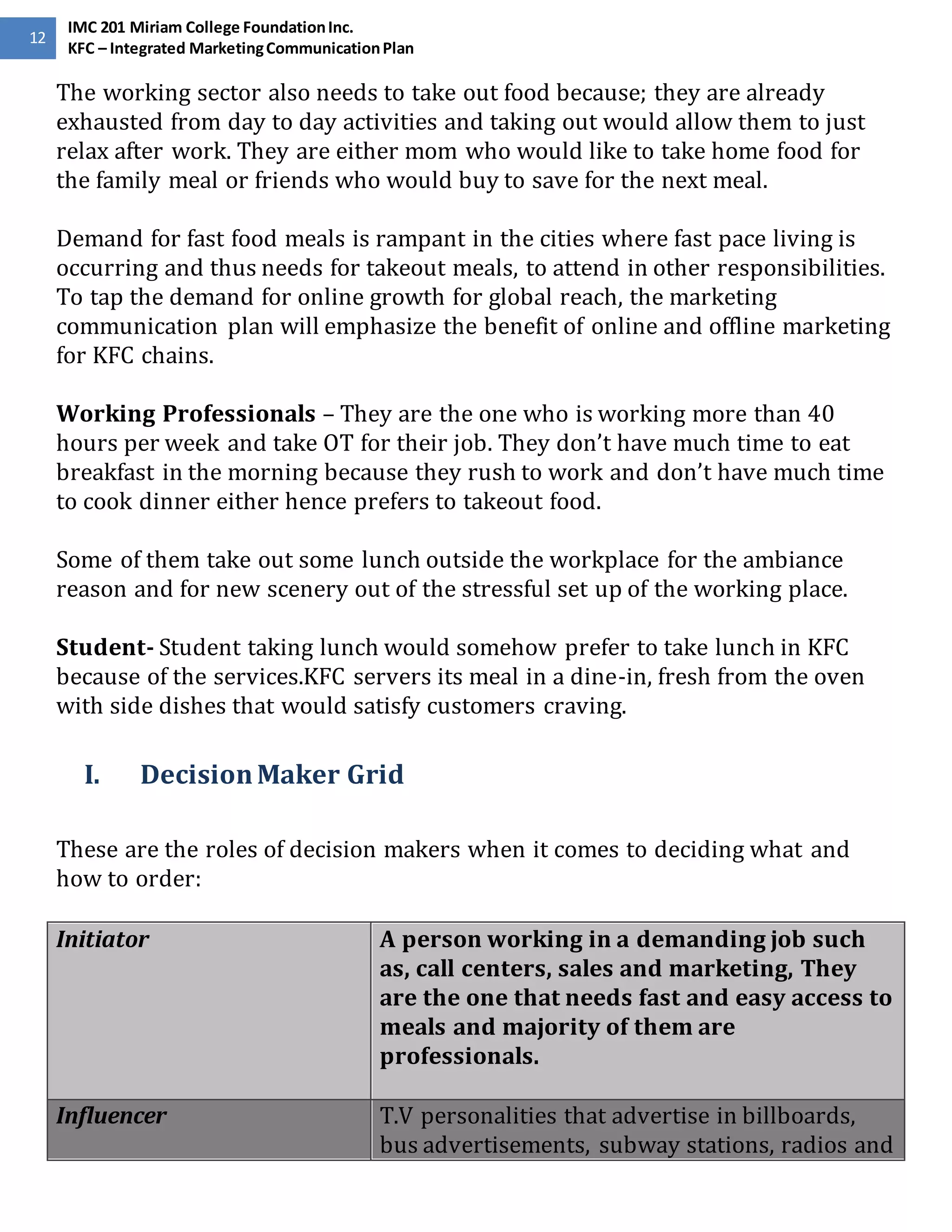 12 
IMC 201 Miriam College Foundation Inc. 
KFC – Integrated Marketing Communication Plan 
The working sector also needs to take out food because; they are already 
exhausted from day to day activities and taking out would allow them to just 
relax after work. They are either mom who would like to take home food for 
the family meal or friends who would buy to save for the next meal. 
Demand for fast food meals is rampant in the cities where fast pace living is 
occurring and thus needs for takeout meals, to attend in other responsibilities. 
To tap the demand for online growth for global reach, the marketing 
communication plan will emphasize the benefit of online and offline marketing 
for KFC chains. 
Working Professionals – They are the one who is working more than 40 
hours per week and take OT for their job. They don’t have much time to eat 
breakfast in the morning because they rush to work and don’t have much time 
to cook dinner either hence prefers to takeout food. 
Some of them take out some lunch outside the workplace for the ambiance 
reason and for new scenery out of the stressful set up of the working place. 
Student- Student taking lunch would somehow prefer to take lunch in KFC 
because of the services.KFC servers its meal in a dine-in, fresh from the oven 
with side dishes that would satisfy customers craving. 
I. Decision Maker Grid 
These are the roles of decision makers when it comes to deciding what and 
how to order: 
Initiator A person working in a demanding job such 
as, call centers, sales and marketing, They 
are the one that needs fast and easy access to 
meals and majority of them are 
professionals. 
Influencer T.V personalities that advertise in billboards, 
bus advertisements, subway stations, radios and 
 
