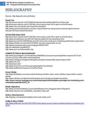 29 
IMC 201 Miriam College Foundation Inc. 
KFC – Integrated Marketing Communication Plan 
BIBLIOGRAPHY 
Source: http://www.kfc.com.ph/history 
Head Line 
http://business.inquirer.net/176082/chickensad-kfc-jollibee-fight-the-chicken-war 
http://business.inquirer.net/121561/kfc-china-sales-crash-36-in-april-on-bird-flu-fears 
http://www.mb.com.ph/nba-star-leads-kfc-shootout/ 
http://www.juanmanilaexpress.com/san-miguel-beermen-doug-kramer-toronto-raptors-demar-derozan- 
kfc-fully-loaded-shootout/ 
SITUATION ANALYSIS 
http://business.inquirer.net/121561/kfc-china-sales-crash-36-in-april-on-bird-flu-fears 
http://www.showbiznest.com/2013/01/daniel-padilla-for-kfc-streetwise.html 
http://www.hoo.ph/2013/04/08/nba-and-kfc-announce-multi-year-marketing-partnership-expansion/ 
http://www.philstar.com/sports/512539/kfc-renews-support-pba-rp-cup 
http://www.exampleessays.com/viewpaper/89405.html 
http://en.wikipedia.org/wiki/KFC 
http://www.yum.com/brands/kfc.asp 
COMPETETORS & BACKGROUND 
http://www.gmanetwork.com/news/story/348508/economy/companies/jollibee-reports-2013-net-income- 
up-25-p100b-sales-mark-breached 
http://www.strategicmanagementinsight.com/swot-analyses/kfc-swot-analysis.html 
http://www.kfc.com 
http://popeyes.com/ 
http://www.chick-fil-a.com/Company/Highlights-Fact-Sheets 
http://www.fastfoodmenuprices.com/kfc-prices/ 
Social Media 
http://www.bhatkallys.com/user-articles/raising-children-islam-raise-children-responsible-muslim-adults/ 
http://www.stitcher.com/stitcher-list/business-and-industry-podcasts-top-shows 
http://www.neuron-webagency.com/shop/eng/email-templates-packages-for-marketing-and-newsletter/ 
sale/SALES70_01 
Media Objectives 
http://www.socialmediatoday.com/content/blogconomy-blogging-stats-infographic 
http://www.inquirer.com.ph/pdf/pdi_classified_rates.pdf 
Online Advertisement 
http://digiday.com/publishers/what-online-ads-really-cost/ 
PUBLIC RELATIONS 
http://www.jeffbullas.com/2012/07/24/72-fascinating-social-media-marketing-facts-and-statistics-for- 
2012/ 
 
