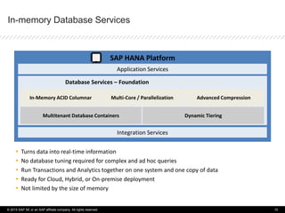 SAP HANA Platform
Application Services
Integration Services
Database Services – Foundation and Processing Capabilities
In-memory Database Services
 Turns data into real-time information
 No database tuning required for complex and ad hoc queries
 Run Transactions and Analytics together on one system and one copy of data
 Ready for Cloud, Hybrid, or On-premise deployment
 Not limited by the size of memory
Advanced Compression
Multitenant Database Containers
In-Memory ACID Columnar
Dynamic Tiering
Multi-Core / Parallelization
© 2015 SAP SE or an SAP affiliate company. All rights reserved. 10
 