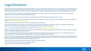 Legal Disclaimer
31
Intel may make changes to specifications and product descriptions at any time, without notice. Designers must not rely on the absence or characteristics of any
features or instructions marked "reserved" or "undefined". Intel reserves these for future definition and shall have no responsibility whatsoever for conflicts or
incompatibilities arising from future changes to them. The information here is subject to change without notice. Do not finalize a design with this information.
The products described in this document may contain design defects or errors known as errata which may cause the product to deviate from published
specifications. Current characterized errata are available on request.
Contact your local Intel sales office or your distributor to obtain the latest specifications and before placing your product order.
Copies of documents which have an order number and are referenced in this document, or other Intel literature, may be obtained by calling 1-800-548-4725,
or go to http://www.intel.com/design/literature.htm.
This document may contain information on products in the design phase of development.
Tests document performance of components on a particular test, in specific systems. Differences in hardware, software, or configuration will affect actual
performance. Consult other sources of information to evaluate performance as you consider your purchase.
For more complete information about performance and benchmark results, visit http://www.intel.com/performance.
Results have been estimated based on internal Intel analysis and are provided for informational purposes only. Any difference in system hardware or software
design or configuration may affect actual performance.
Results have been simulated and are provided for informational purposes only. Results were derived using simulations run on an architecture simulator or
model. Any difference in system hardware or software design or configuration may affect actual performance.
Intel does not control or audit the design or implementation of third party benchmark data or Web sites referenced in this document. Intel encourages all of its
customers to visit the referenced Web sites or others where similar performance benchmark data are reported and confirm whether the referenced benchmark
data are accurate and reflect performance of systems available for purchase.
Intel and the Intel logo are trademarks of Intel Corporation in the U.S. and other countries.
*Other names and brands may be claimed as the property of others.
Copyright © 2015 Intel Corporation. All rights reserved.
 