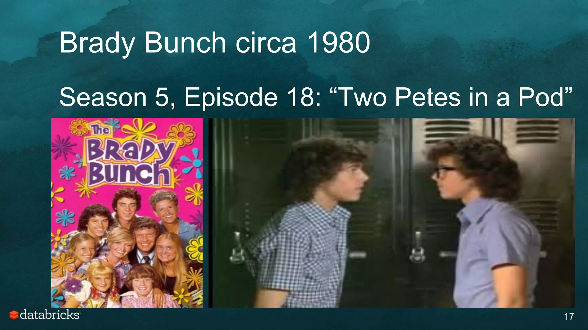 Brady Bunch circa 1980
17
Season 5, Episode 18: “Two Petes in a Pod”
 