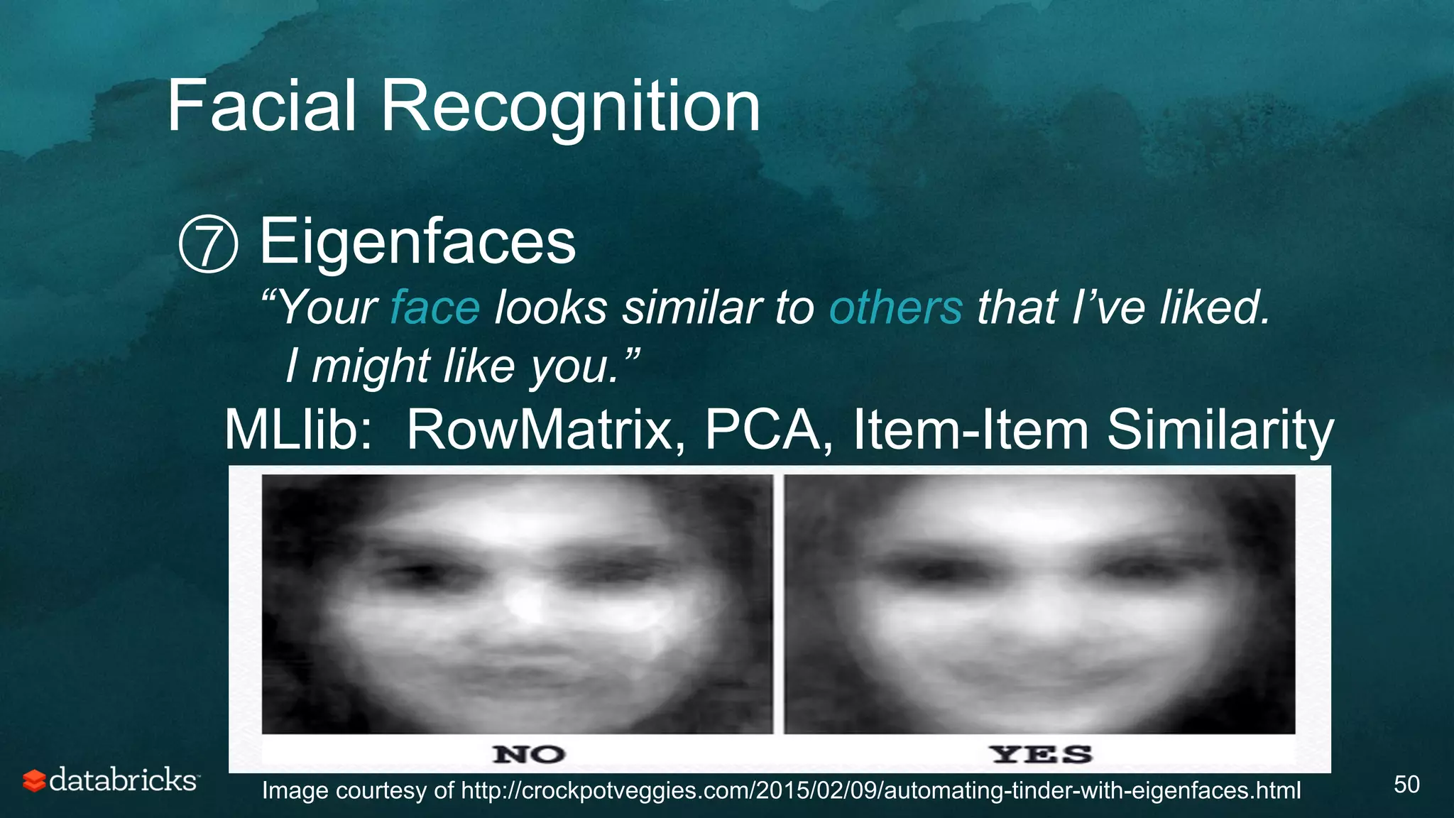 Facial Recognition
50
⑦ Eigenfaces
“Your face looks similar to others that I’ve liked.
I might like you.”
MLlib: RowMatrix, PCA, Item-Item Similarity
Image courtesy of http://crockpotveggies.com/2015/02/09/automating-tinder-with-eigenfaces.html
 
