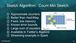 Sketch Algorithm: Count Min Sketch
26
①  Approximate counters
②  Better than HashMap
③  Fixed, low memory
④  Known error b...