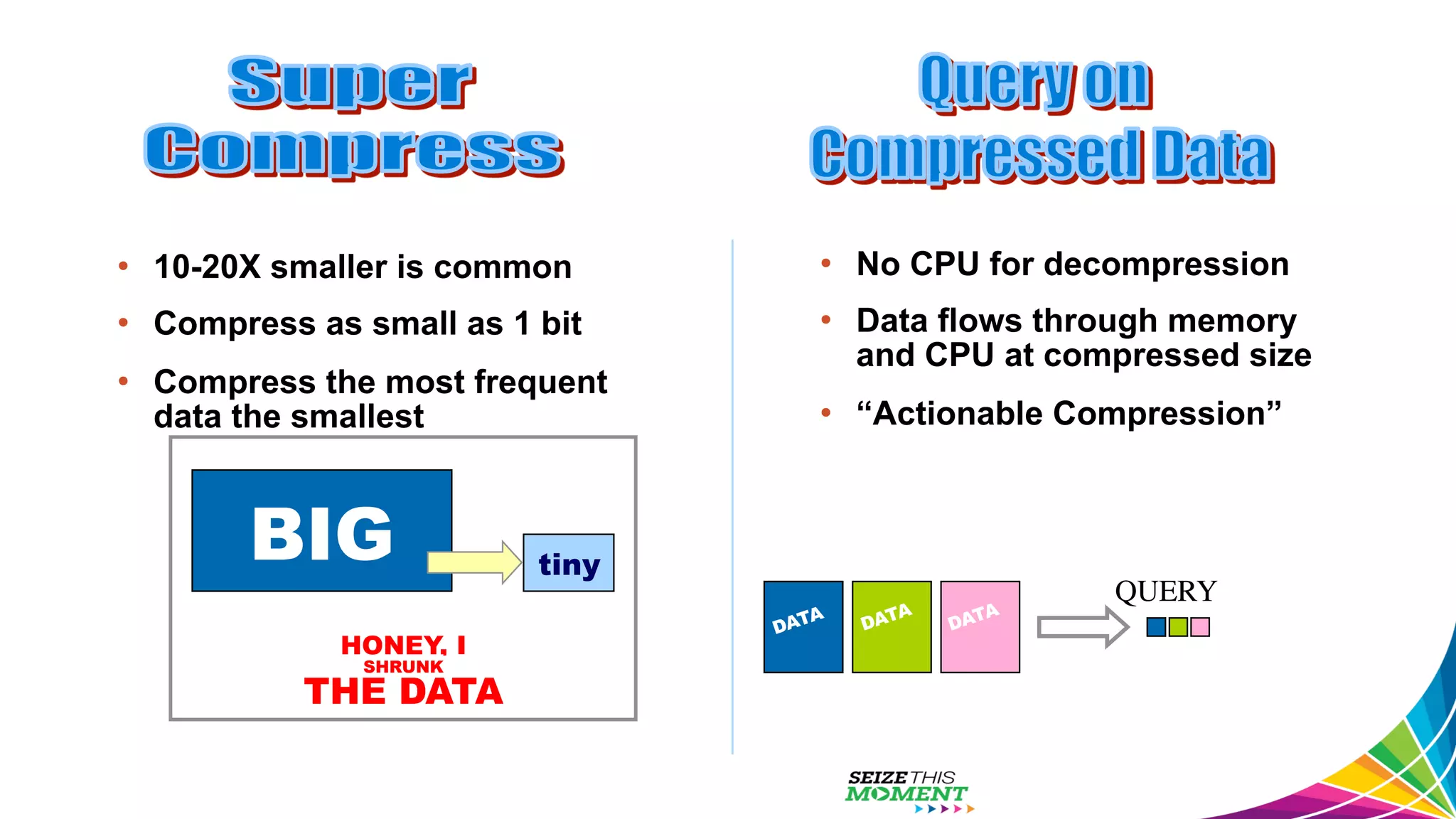 •  No CPU for decompression •  Data flows through memory and CPU at compressed size •  “Actionable Compression” QUERY DATA DATA DATA •  10-20X smaller is common •  Compress as small as 1 bit •  Compress the most frequent data the smallest THE DATA HONEY, I SHRUNK BIG tiny 