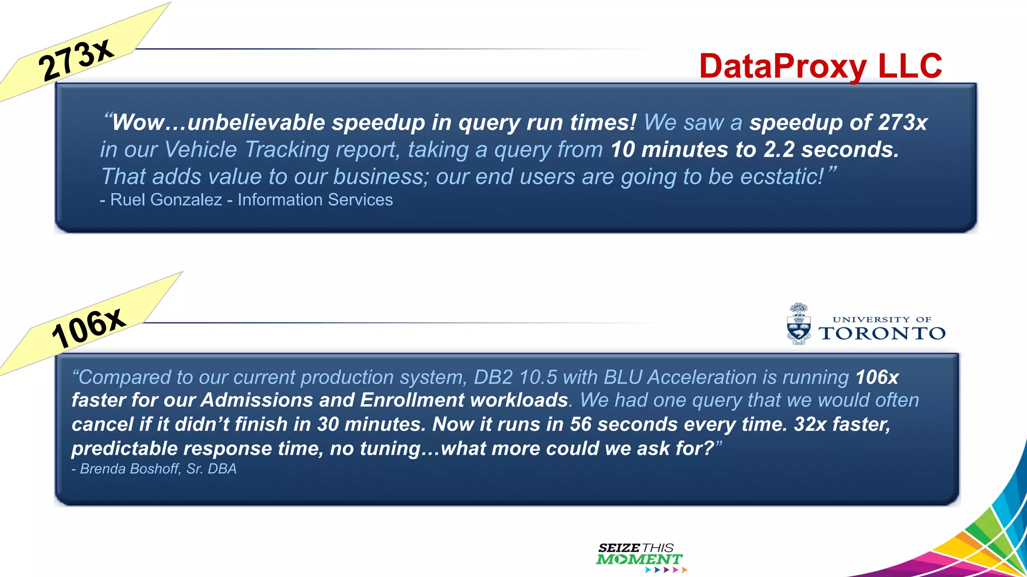 “Compared to our current production system, DB2 10.5 with BLU Acceleration is running 106x faster for our Admissions and Enrollment workloads. We had one query that we would often cancel if it didn’t finish in 30 minutes. Now it runs in 56 seconds every time. 32x faster, predictable response time, no tuning…what more could we ask for?” - Brenda Boshoff, Sr. DBA “Wow…unbelievable speedup in query run times! We saw a speedup of 273x in our Vehicle Tracking report, taking a query from 10 minutes to 2.2 seconds. That adds value to our business; our end users are going to be ecstatic!” - Ruel Gonzalez - Information Services DataProxy LLC 