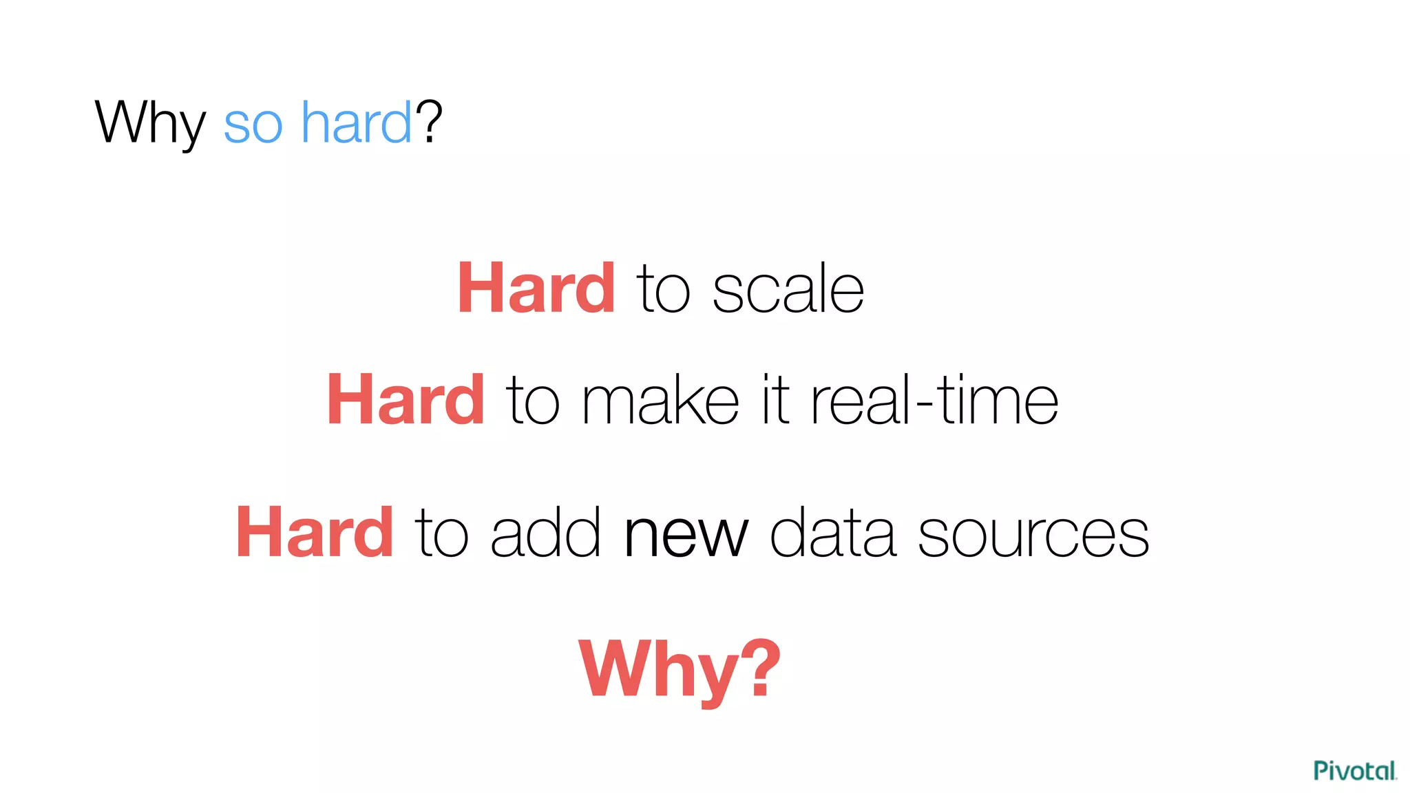 Hard to add new data sources
Why?
Hard to scale
Why so hard?
Hard to make it real-time
 