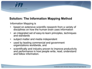 Solution: The Information Mapping Method Information Mapping is  based on extensive scientific research from a variety of disciplines on how the human brain uses information an integrated set of easy-to learn principles, techniques and standards subject matter and media independent used by leading commercial and government organizations worldwide, and scientifically and industry proven to improve productivity and performance in how people write, read, understand and follow information. 