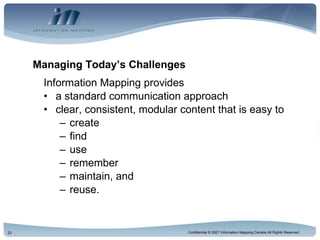 Managing Today’s Challenges Information Mapping provides a standard communication approach clear, consistent, modular content that is easy to create  find use remember maintain, and reuse. 