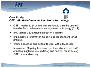 Case Study:  OSFI rethinks information to enhance technology OSFI needed to structure their content to gain the desired benefits from their content management technology (CMS) IMC trained 250 analysts across the country  Implemented Information Mapping as the standard for all analysis Trained coaches and editors to work with all Mappers Information Mapping has improved the value of their CMS enabling single-source updating and content reuse saving OSFI time and money.  