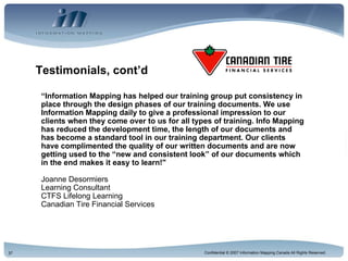 Testimonials, cont’d “ Information Mapping has helped our training group put consistency in place through the design phases of our training documents. We use Information Mapping daily to give a professional impression to our clients when they come over to us for all types of training. Info Mapping has reduced the development time, the length of our documents and has become a standard tool in our training department. Our clients have complimented the quality of our written documents and are now getting used to the “new and consistent look” of our documents which in the end makes it easy to learn!" Joanne Desormiers Learning Consultant CTFS Lifelong Learning Canadian Tire Financial Services 