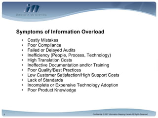 Symptoms of Information Overload Costly Mistakes Poor Compliance Failed or Delayed Audits Inefficiency (People, Process, Technology) High Translation Costs Ineffective Documentation and/or Training Poor Quality/Best Practices Low Customer Satisfaction/High Support Costs Lack of Standards Incomplete or Expensive Technology Adoption Poor Product Knowledge 
