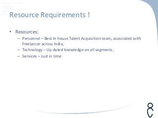 Resource Requirements !
• Resources:
– Personnel – Best In house Talent Acquisition team, associated with
freelancer across India,
– Technology – Up dated knowledge on all segments ,
– Services – Just in time
 