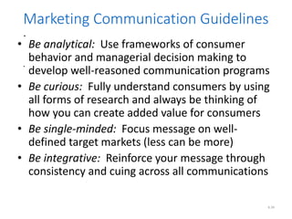 .
.
6.34
Marketing Communication Guidelines
• Be analytical: Use frameworks of consumer
behavior and managerial decision making to
develop well-reasoned communication programs
• Be curious: Fully understand consumers by using
all forms of research and always be thinking of
how you can create added value for consumers
• Be single-minded: Focus message on well-
defined target markets (less can be more)
• Be integrative: Reinforce your message through
consistency and cuing across all communications
 