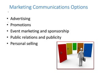 .
.
6.6
Marketing Communications Options
• Advertising
• Promotions
• Event marketing and sponsorship
• Public relations and publicity
• Personal selling
 