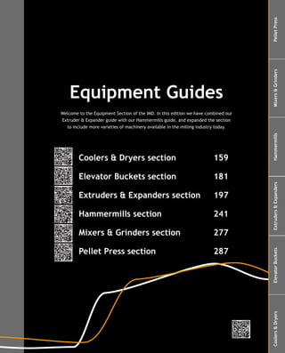 Pellet Press
                                                                                    Mixers & Grinders
    Equipment Guides
Welcome to the Equipment Section of the IMD. In this edition we have combined our
Extruder & Expander guide with our Hammermills guide, and expanded the section
  to include more varieties of machinery available in the milling industry today.




                                                                                    Hammermills
        Coolers & Dryers section                                        159

        Elevator Buckets section                                        181




                                                                                    Extruders & Expanders
        Extruders & Expanders section                                   197

        Hammermills section                                             241

        Mixers & Grinders section                                       277

        Pellet Press section                                            287

                                                                                    Elevator Buckets
                                                                                         Equipment Guides
                                                                                    Coolers & Dryers




                 International Milling Directory 2011/12 | 157
 