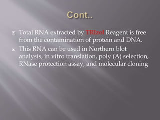 Total RNA extracted by TRIzol Reagent is free
from the contamination of protein and DNA.
 This RNA can be used in Northern blot
analysis, in vitro translation, poly (A) selection,
RNase protection assay, and molecular cloning
 