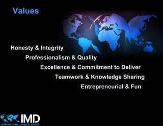 Values



Honesty & Integrity
     Professionalism & Quality
          Excellence & Commitment to Deliver
               Teamwork & Knowledge Sharing
                        Entrepreneurial & Fun
 