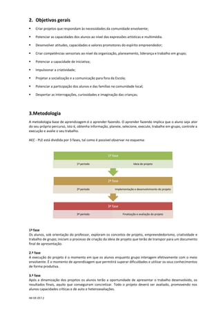 IM-DE-057.2
2. Objetivos gerais
 Criar projetos que respondam às necessidades da comunidade envolvente;
 Potenciar as capacidades dos alunos ao nível das expressões artísticas e multimédia.
 Desenvolver atitudes, capacidades e valores promotores do espírito empreendedor;
 Criar competências sensoriais ao nível da organização, planeamento, liderança e trabalho em grupo;
 Potenciar a capacidade de iniciativa;
 Impulsionar a criatividade;
 Projetar a socialização e a comunicação para fora da Escola;
 Potenciar a participação dos alunos e das famílias na comunidade local;
 Despertar as interrogações, curiosidades e imaginação das crianças;
3.Metodologia
A metodologia base de aprendizagem é o aprender fazendo. O aprender fazendo implica que o aluno seja ator
do seu próprio percurso, isto é, obtenha informação, planeie, selecione, execute, trabalhe em grupo, controle a
execução e avalie o seu trabalho.
AEC - PLE está dividida por 3 fases, tal como é possível observar no esquema:
1ª fase
Os alunos, sob orientação do professor, exploram os conceitos de projeto, empreendedorismo, criatividade e
trabalho de grupo; iniciam o processo de criação da ideia de projeto que terão de transpor para um documento
final de apresentação.
2.ª fase
A execução do projeto é o momento em que os alunos enquanto grupo interagem efetivamente com o meio
envolvente. É o momento de aprendizagem que permitirá superar dificuldades e utilizar os seus conhecimentos
de forma produtiva.
3.ª fase
Após a dinamização dos projetos os alunos terão a oportunidade de apresentar o trabalho desenvolvido, os
resultados finais, aquilo que conseguiram concretizar. Todo o projeto deverá ser avaliado, promovendo nos
alunos capacidades críticas e de auto e heteroavaliações.
3ª fase
3º período Finalização e avaliação do projeto
2ª fase
2º período Implementação e desenvolvimento do projeto
1ª fase
1º período Ideia de projeto
 