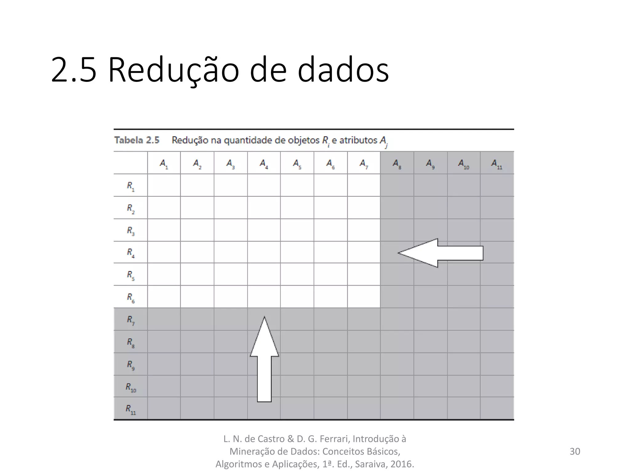 2.5 Redução de dados
L. N. de Castro & D. G. Ferrari, Introdução à
Mineração de Dados: Conceitos Básicos,
Algoritmos e Aplicações, 1ª. Ed., Saraiva, 2016.
30
 