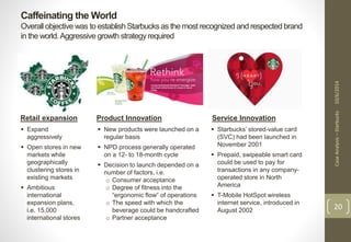 Caffeinating the World 
Overall objective was to establish Starbucks as the most recognized and respected brand 
in the world. Aggressive growth strategy required 
Case Analysis – Starbucks 10/6/2014 
20 
Retail expansion Product Innovation Service Innovation 
 Expand 
aggressively 
 Open stores in new 
markets while 
geographically 
clustering stores in 
existing markets 
 Ambitious 
international 
expansion plans, 
i.e. 15,000 
international stores 
 New products were launched on a 
regular basis 
 NPD process generally operated 
on a 12- to 18-month cycle 
 Decision to launch depended on a 
number of factors, i.e. 
o Consumer acceptance 
o Degree of fitness into the 
“ergonomic flow” of operations 
o The speed with which the 
beverage could be handcrafted 
o Partner acceptance 
 Starbucks’ stored-value card 
(SVC) had been launched in 
November 2001 
 Prepaid, swipeable smart card 
could be used to pay for 
transactions in any company-operated 
store in North 
America 
 T-Mobile HotSpot wireless 
internet service, introduced in 
August 2002 
 