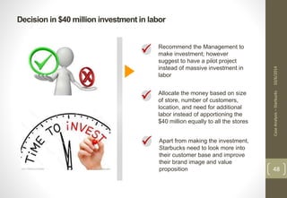 Decision in $40 million investment in labor 
Case Analysis – Starbucks 10/6/2014 
48 
 
 
Recommend the Management to 
make investment; however 
suggest to have a pilot project 
instead of massive investment in 
labor 
Allocate the money based on size 
of store, number of customers, 
location, and need for additional 
labor instead of apportioning the 
$40 million equally to all the stores 
 Apart from making the investment, 
Starbucks need to look more into 
their customer base and improve 
their brand image and value 
proposition 
 