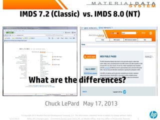 © Copyright 2013 Hewlett-Packard Development Company, L.P. The information contained herein is subject to change without notice.
IMDS 7.2 (Classic) vs. IMDS 8.0 (NT)
Chuck LePard May 17, 2013
What are the differences?
5/17/2013 IMDS_NT_Changes.pptx - Comments based upon 2013_05_10 Model Office, and may differ in Production Release. 1
 