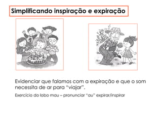 Simplificando inspiração e expiração
Evidenciar que falamos com a expiração e que o som
necessita de ar para “viajar”.
Exercício do lobo mau – pronunciar “au” expirar/inspirar
 