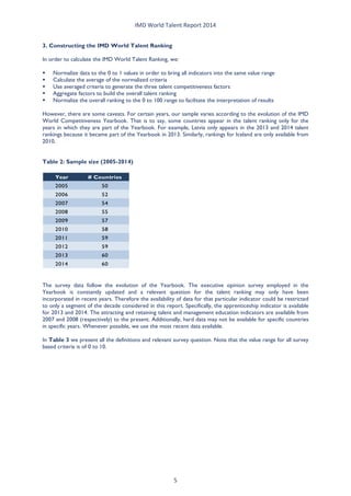 IMD World Talent Report 2014 
3. Constructing the IMD World Talent Ranking 
In order to calculate the IMD World Talent Ranking, we: 
 Normalize data to the 0 to 1 values in order to bring all indicators into the same value range 
 Calculate the average of the normalized criteria 
 Use averaged criteria to generate the three talent competitiveness factors 
 Aggregate factors to build the overall talent ranking 
 Normalize the overall ranking to the 0 to 100 range to facilitate the interpretation of results 
However, there are some caveats. For certain years, our sample varies according to the evolution of the IMD World Competitiveness Yearbook. That is to say, some countries appear in the talent ranking only for the years in which they are part of the Yearbook. For example, Latvia only appears in the 2013 and 2014 talent rankings because it became part of the Yearbook in 2013. Similarly, rankings for Iceland are only available from 2010. 
Table 2: Sample size (2005-2014) 
Year# Countries200550200652200754200855200957201058201159201259201360201460 
The survey data follow the evolution of the Yearbook. The executive opinion survey employed in the Yearbook is constantly updated and a relevant question for the talent ranking may only have been incorporated in recent years. Therefore the availability of data for that particular indicator could be restricted to only a segment of the decade considered in this report. Specifically, the apprenticeship indicator is available for 2013 and 2014. The attracting and retaining talent and management education indicators are available from 2007 and 2008 (respectively) to the present. Additionally, hard data may not be available for specific countries in specific years. Whenever possible, we use the most recent data available. 
In Table 3 we present all the definitions and relevant survey question. Note that the value range for all survey based criteria is of 0 to 10. 
5 
 