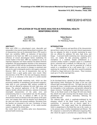 Application of pulse wave analysis in a personal health monitoring ...