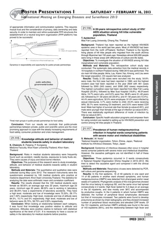 Poster  Presentations I	                                                   SATURDAY • FEBRUARY 16, 2013
            	International Meeting on Emerging Diseases and Surveillance 2 013

of appropriate information and communication systems. This requires
mutual trust and the consideration of privacy, data ownership and data
                                                                               21.116 A 20-years retrospective cohort study of HIV/
security. In order to maintain and refine sustainable PPP-structures the                  AIDS situation among hill tribe vulnerable
establishment of a neutral long-term organization (PPP-platform) has                      population, Thailand
proved to be successful.                                                      T. Apidechkul
                                                                              Mae Fah Luang University, Chiang Rai, Thailand
                                                                              Background: Thailand has been reported as the highest HIV/AIDS
                                                                              epidemic area in the world last few years. Most of HIV/AIDS had been
                                                                              reported from the north ofThailand. Northern Thailand is the favorite
                                                                              living places of hill tribe people who migrated from the south ofChina
                                                                              through Myanmar last 150 years ago. Nowadays almost 600,000 people
                                                                              were living in these areas with differences of culture and life styles.
                                                                                 Objectives: To investigate the situation of HIV/AIDS among hill tribe
                                                                              marginalized and vulnerable population.
Dynamics in responsibility and opportunity for public-private partnerships.      Methods and Materials: The retrospective cohort study was
                                                                              conducted. The systematic data extraction from the medical records in
                                                                              16 hospitals in northernThailand during 1990-2010 was performed. The
                                                                              six main hill tribe people: Akha, Lau, Karen,Yao, Kmong, and Lisu were
                                                                              the target population. Chi square test was analyzed.
                                                                                 Results: Totally 3,130 cases were recruited into the study. 54.6%
                                                                              were male, the first case had been reported in 1990, and the highest




                                                                                                                                                         SATURDAY
                                                                              incident case had been reported in the year 2004 with 461 cases
                                                                              followed by 2005 (343 cases), and 2006 (302 cases) respectively.
                                                                              The highest cumulative case had been reported from Mae Fah Luang
                                                                              Hospital (25.8%), followed by Mae Suai hospital (18.8%). 46.0%were
                                                                              Akha, 19.7% were Lahu, and 9.5% were Yao. 38.8% were 31–40 years




                                                                                                                                                           •
                                                                              old, followed by 21–30 years old (33.6%), and 41–50 years old (13.4%).




                                                                                                                                                         February 16, 2013
                                                                              44.4% were agriculture, 32.0% were employee. 91.6% were infected by
                                                                              sexual intercourse, 5.7% were mother to child. 24.0% were receiving
                                                                              ARV, 30.7% were receiving OI treatment, and 9.5% were tested CD4
                                                                              level. Male had higher of survival rate than female (p-value>0.001), and
                                                                              male were younger than female at the age of infection (p-value>0.001).
                                                                              There was statistically significant difference of mode of infection by
                                                                              tribe (p-value>0.001).
                                                                                 Conclusion: Specific health education programs and empower them
Three main groups in public-private partnerships for food safety.             for using condom are needed to setting up for HIV/AIDS prevention and
                                                                              control among hill tribe people in Thailand.
  Conclusion: From our results we conclude that public-private
partnerships between private, public and scientific actors are the most
promising approach to cope with the steady increasing requirements of          21.117 Prevalence of human metapneumovirus
food safety, consumer protection and crisis management.                                   infection in hospital wards comprising patients
                                                                                          with severe motor and intellectual disabilities
 21.115 Knowledge attitude and behavior of medical                            S. Matsuda1, M. Noda2
              students towards safety in student laboratory
                                                                              1
                                                                               National Hospital organization, Tohon, Ehime, Japan, 2National
                                                                              Institute fou Infrctious Diseases, Tokyo, Japan
K. Chaicom, B. Palaeng, P. Kungsang
Medcine Facculty, Khon Kaen university,Thailand, Khon Kaen,                   Background: Epidemics of infectious diseases often occur in hospital
Thailand                                                                      wards comprise patients with severe motor and intellectual disabilities.
                                                                              However, the causative pathogens are not identified in half of these
Background: Risks in medical students laboratory were frequently
                                                                              epidemics.
found such as accident, needle injuries, exposures to body fluids etc.
                                                                                 Objectives: Three epidemics occurred in 3 wards consecutively
They were causes of injury and blood borne infection.
                                                                              in National Hospital Organization Ehime Hospital in 2010–2012. We
  Objectives: The purposes of this research were to study knowledge,
                                                                              tried to detect the causative agent and compared it with the clinical
attitude, and behavior of medical students towards safety in student
                                                                              symptoms.
laboratory.
                                                                                 Methods and Materials: Respiratory viruses were detected by PCR,
  Methods and Materials: The quantitative and qualitative data were
                                                                              cell culture and genome-sequencing.
collected during May–June 2012. The research instruments were the
                                                                                 Results: In the first epidemic, 18 of 40 patients in one ward and
questionnaire answered by 100 medical students who practice at
                                                                              14 of 60 patients in another ward showed symptoms, and human
medicine department, Khon Kaen University,Thailand. The statistics for
                                                                              metapneumovirus (HMPV) was detected from pharyngeal and/or nasal
analyzing the data were arithmetic mean and correlation coefficient.
                                                                              swabs of 4 patients. Phylogenetic analysis of the viral genomes showed
  Results: The results showed that the 100 medical students were
                                                                              that the virus belong to subgroup B2, and the same virus had spread
female as 58.50% an average age was 22 years, maximum age 23
                                                                              consecutively in 2 wards. High fever lasted for 5.3 days on an average
years, minimum age 20 years. 88.55% use to working in laboratory
                                                                              in the 32 inpatients, and was mostly over 38°C and accompanied
and 38.25% have a experiments of laboratory accidents. They have
                                                                              by productive coughs. In the 4 patients in whom human HMPV was
a high level, moderate and low of knowledge were 70.33%, 28.17%
                                                                              detected, the number of peripheral blood lymphocytes decreased
and 1.50% respectively. High level, moderate and low of attitude were
                                                                              but that of monocytes increased. Two patients were found to develop
84.3%, 15.7% and 0% respectively. High level, moderate and low of
                                                                              pneumonia as shown by chest radiography, and they showed increased
behavior were 35.75%, 58.75% and 5.50% respectively.
                                                                              number of peripheral blood neutrocytes and elevated CRP levels. Of
  Conclusion: When looking at relationship between each category,
                                                                              the 151 inpatients, anti-human HMPV antibody was found in the sera
it was found that knowledge was positive relative to attitude and
                                                                              of 143 inpatients (95%), and the relationship between high fever and
behaviors. Attitudes were positive relative to behavior with statistical
significance at the level of 0.01. It is necessary to have a course on
safety in the laboratory for medical students before practice.                                                         	                         	 103
                                                                                                                       	         IMED 2013
 