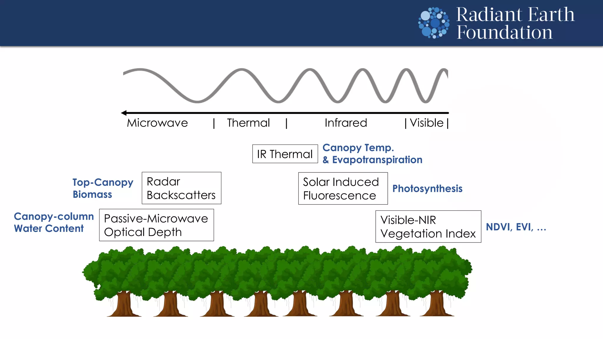 Microwave | Thermal | Infrared |Visible|
Visible-NIR
Vegetation Index
Solar Induced
Fluorescence
IR Thermal
Radar
Backscatters
Passive-Microwave
Optical Depth NDVI, EVI, …
Photosynthesis
Canopy Temp.
& Evapotranspiration
Top-Canopy
Biomass
Canopy-column
Water Content
 