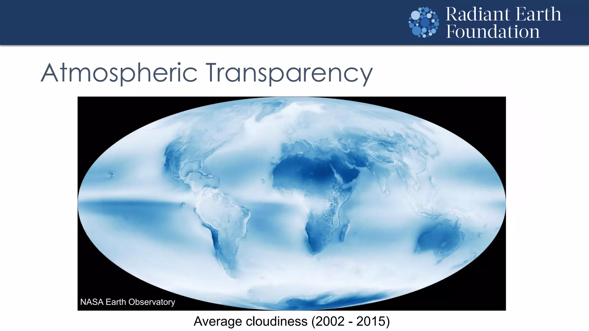 Atmospheric Transparency
Average cloudiness (2002 - 2015)
NASA Earth Observatory
 