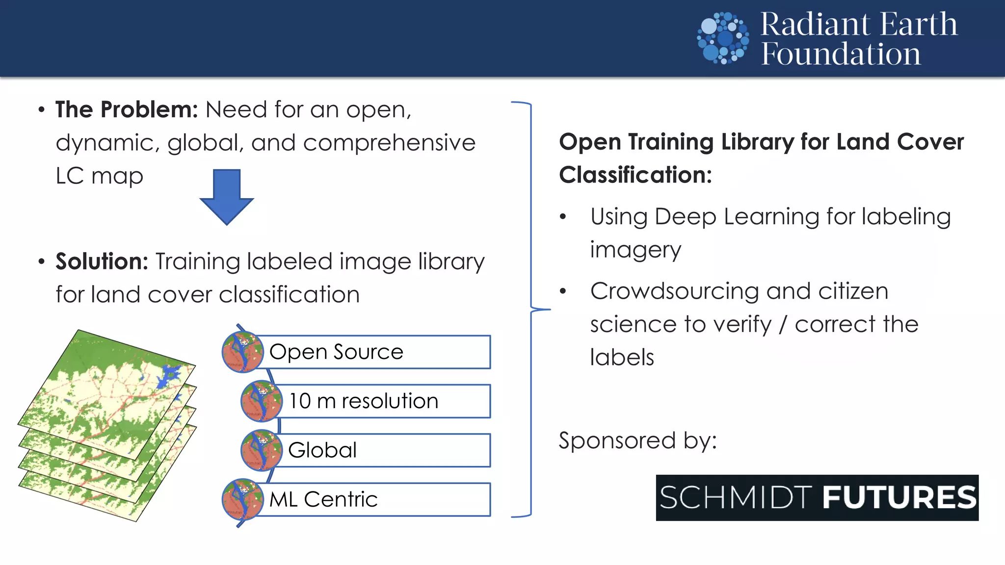 • The Problem: Need for an open,
dynamic, global, and comprehensive
LC map
Open Training Library for Land Cover
Classification:
• Using Deep Learning for labeling
imagery
• Crowdsourcing and citizen
science to verify / correct the
labels
Sponsored by:
Open Source
10 m resolution
Global
ML Centric
• Solution: Training labeled image library
for land cover classification
 