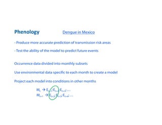 Phenology Dengue in Mexico
- Produce more accurate prediction of transmission risk areas
- Test the ability of the model to predict future events
Occurrence data divided into monthly subsets
Use environmental data specific to each month to create a model
Project each model into conditions in other months
Mt  Et+1; Et+2; Et+3; …
Mt+1  Et+2; Et+3; Et+4; …
 