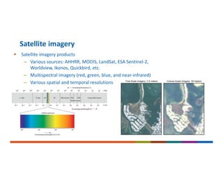  Satellite imagery products
– Various sources: AHHRR, MODIS, LandSat, ESA Sentinel‐2,
Worldview, Ikonos, Quickbird, etc.
– Multispectral imagery (red, green, blue, and near‐infrared)
– Various spatial and temporal resolutions
Satellite imagery
 
