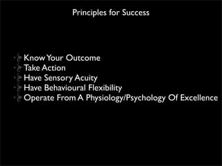Principles for Success




Know Your Outcome
Take Action
Have Sensory Acuity
Have Behavioural Flexibility
Operate From A Physiology/Psychology Of Excellence
 