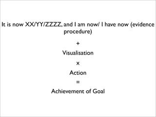 It is now XX/YY/ZZZZ, and I am now/ I have now (evidence
                      procedure)
                           +
                      Visualisation
                           x
                        Action
                          =
                  Achievement of Goal
 