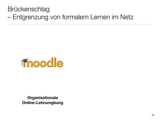 Brückenschlag
– Entgrenzung von formalem Lernen im Netz




      Organisationale
    Online-Lehrumgbung

                                            33
 