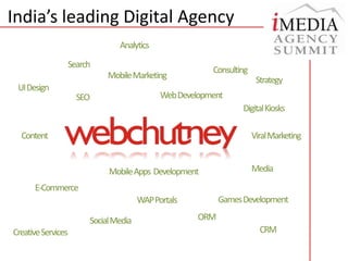 India’s leading Digital AgencyAnalyticsSearchConsultingMobile MarketingStrategyUI DesignWeb DevelopmentSEODigital KiosksViral MarketingContentMediaMobile Apps  DevelopmentE-CommerceGames DevelopmentWAP PortalsORMSocial MediaCRMCreative Services