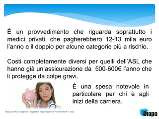 È un provvedimento che riguarda soprattutto i 
medici privati, che pagherebbero 12-13 mila euro 
l’anno e il doppio per alcune categorie più a rischio. 
Costi completamente diversi per quelli dell’ASL che 
hanno già un’assicurazione da 500-600€ l’anno che 
li protegge da colpe gravi. 
È una spesa notevole in 
particolare per chi è agli 
inizi della carriera. 
Diapo Eventi e Congressi - Segreteria Organizzativa e Provider ECM n. 1057 
 
