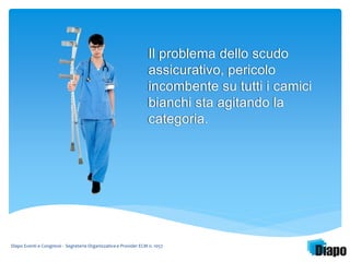 Il problema dello scudo 
assicurativo, pericolo 
incombente su tutti i camici 
bianchi sta agitando la 
categoria. 
Diapo Eventi e Congressi - Segreteria Organizzativa e Provider ECM n. 1057 
 