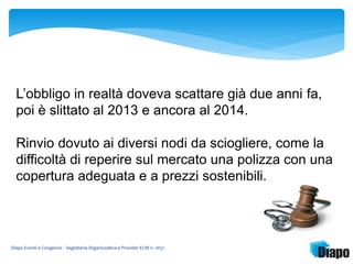 L’obbligo in realtà doveva scattare già due anni fa, 
poi è slittato al 2013 e ancora al 2014. 
Rinvio dovuto ai diversi nodi da sciogliere, come la 
difficoltà di reperire sul mercato una polizza con una 
copertura adeguata e a prezzi sostenibili. 
Diapo Eventi e Congressi - Segreteria Organizzativa e Provider ECM n. 1057 
 
